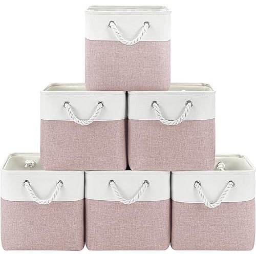 11x11 Cube Storage Bins, 6 Pack Foldable Fabric Organizer Bins with Rope Handles, Storage Cubes for Organizing Bedroom, Living Room, Clothes and Toys, Shelves and Closet (White & Pink)