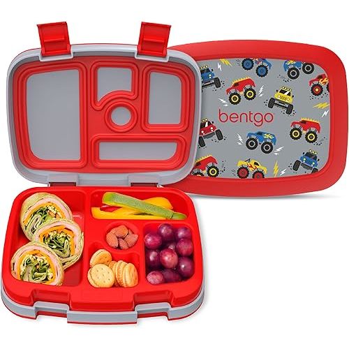 Bentgo Kids Prints Leak-Proof, 5-Compartment Bento-Style Kids Lunch Box - Ideal Portion Sizes for Ages 3-7, Durable, Drop-Proof, Dishwasher Safe, & Made with BPA-Free Materials (Trucks)