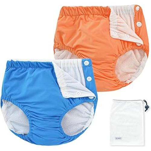 EZ Moms 2 Packs Reusable Swim Diapers Toddler Baby Swim Diaper Size 1 Washable Snap Pool Swimming Diaper 12-18 Months Soft Waterproof Diapers for Swimming Lessons Boys and Girls with a Laundry Bag
