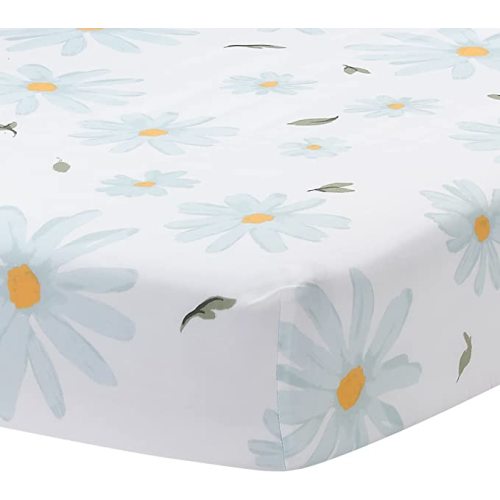 Lambs & Ivy Sweet Daisy 100% Cotton White/Blue Floral Baby Fitted Crib Sheet