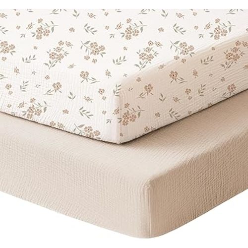 Konssy Muslin Mini Crib Sheets, 100% Soft Cotton Pack and Play Sheets for Pack N Play Mattress, Playard Baby Crib Sheets for Baby Girls(Blossom, Cream)