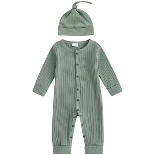 Winioder Newborn Baby Girl Boy Clothes Ruffle Ribbed Long Sleeve Button Romper Jumpsuit with Headband Hat Coming Home Outfit