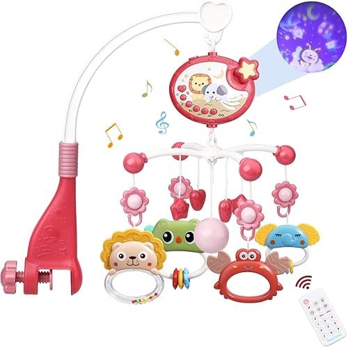 Baby Musical Crib Mobile with Light and Projector, Mobile for Crib with Remote Control & Timming Function, Rotating Hanging Rattles Toy for Newborn(Red)