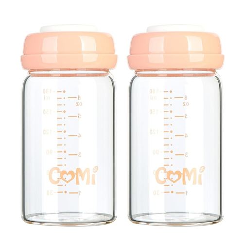 COMI Wide Neck Glass Breastmilk Collection n Storage Bottle, 6oz with Screw Ring Sealing Disk; Re-markable Sealing Disc. BPA Free, Fits Breast Pumps & Nipples (2 Pack Pink Lids)