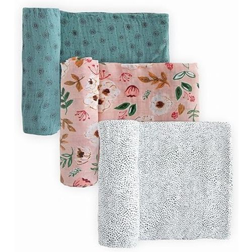 Little Unicorn Cotton Muslin Swaddle Blanket Set | Set of 3 | 100% Cotton | Super Soft | Newborns and Infants | Large 47” x 47” | Machine Washable (Vintage Floral)