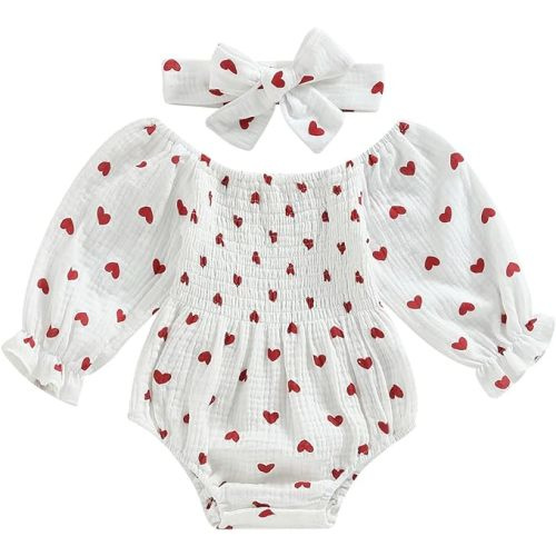 Gueuusu Newborn Baby Girl Halloween Outfit Pumpkin Long Sleeve Cotton Linen Romper Smocked Bodysuit with Headband Set - Heart-white - 3-6 Months