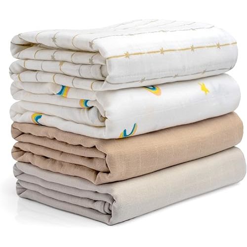 Salt Earth 100% Organic Cotton Swaddle Baby Blanket 4 Pack 47"x47" Solids & Rainbow
