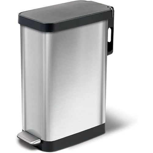 Glad Slim Trash Can with Clorox Odor Protection - Narrow Kitchen Garbage Bin with Soft Close Lid, Step On Foot Pedal and Waste Bag Roll Holder, Stainless Steel, 45 Liter