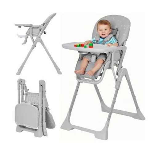 Grey Foldable Baby High Chair with Adjustable Height, Backrest, Footrest & Removable Tray
