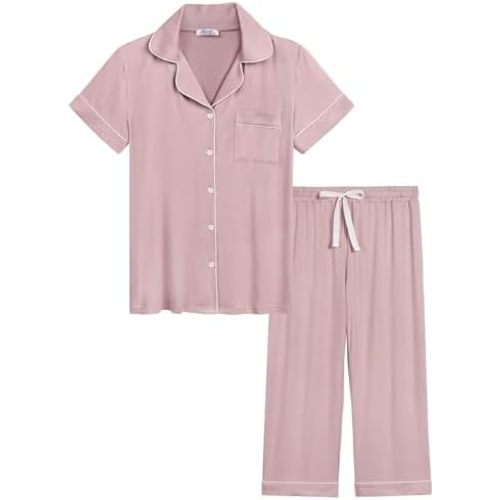 Joyaria Women Bamboo Viscose Capri Pajamas Set Cooling Button Down Pjs Short Sleeve Sleepwear Soft Loungewear S-XXL