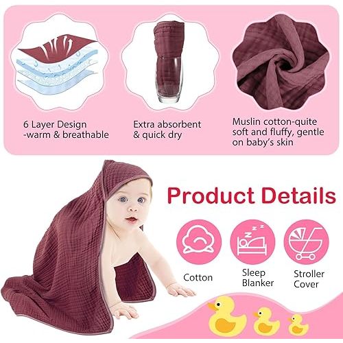 Peryiter 6 Pcs Muslin Hooded Baby Towels, 32"x 32" Cotton Newborn Bath Towel Muslin Infant Baby Blankets Absorbent Unisex Newborn Registry Gift Essentials for Girls Boys (Red)