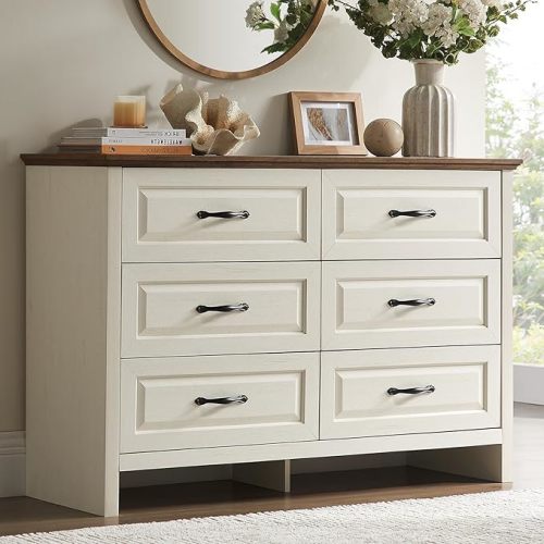 Amada Farmhouse 6 Drawer Dresser for Bedroom, 47.2 Inch Wide Wood Dresser with Natural Texture, Large Drawers, Rustic Farmhouse Chest of Drawers for Bedroom, Living Room, Hallway, Brown & White
