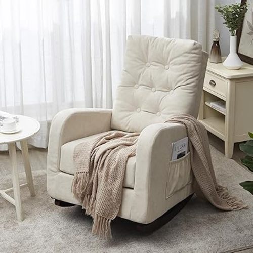 Nursery Rocking Chair, Oversized Dutch Velvet Upholstered Nursery Glider Rocker with Solid Wood Base and Side Pocket, Comfy High Back Armchair Single Sofa Chair for Living Room, Bedroom, Office, Beige