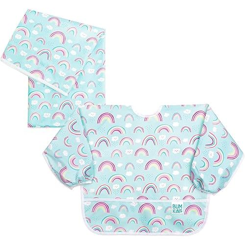 Bumkins Bibs for Girl or Boy, Long Sleeved Bib for Baby and Toddler 6-24 Months, Essential Must Have for Eating, Feeding Set, Splat Mat for Floors Under High Chair, Mess Saving Fabric, Rainbows Blue