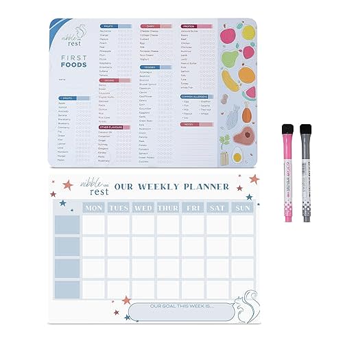 Nibble and Rest Baby's First Foods Tracker Fridge Magnet + Weekly Planner Schedule Board for Family, Dry Erase Activity Poster, Daily Food Log with 2 Erasable Pens