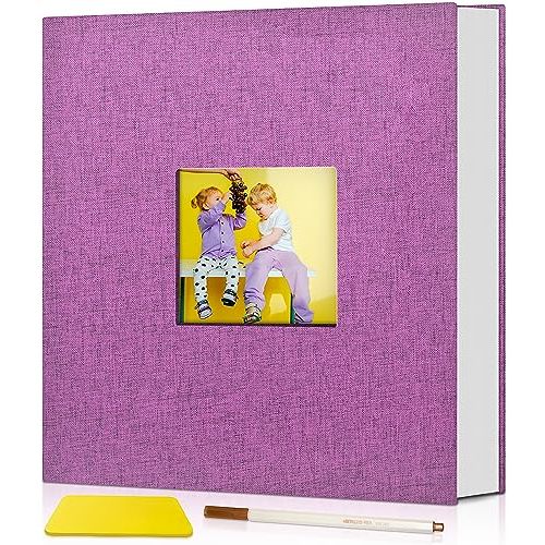 Popotop Photo Album Self Adhesive with Picture Display Window,40 Pages DIY Scrapbook Album for 4x6 8x10 Picture,Linen Cover Memory Book for Baby Wedding, with Scraper and Metallic Pen