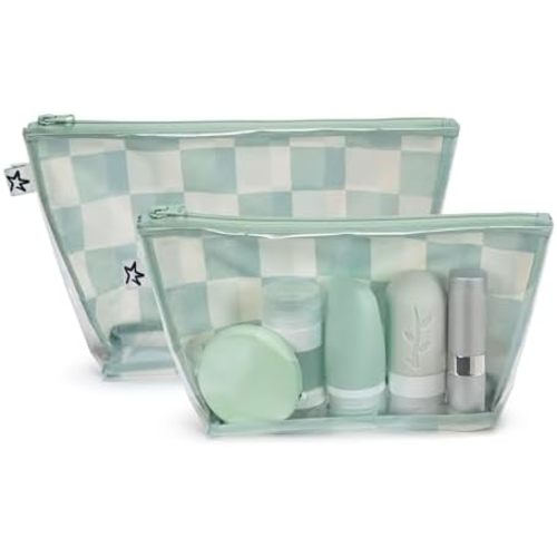 Tiny Twinkle Diaper Bag Organizing Pouches | 2 Pack Mess-Proof Travel Organizer Bags with Structured Bottom & Clear Front | TSA Approved Toiletry Bag Set for Baby and Mom Essentials (Sage Checkers)