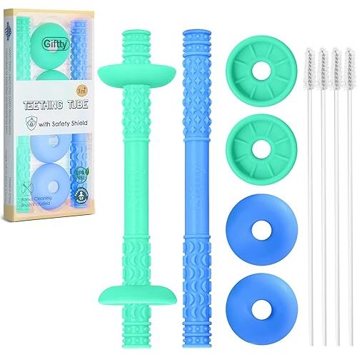 Giftty Teething Tube with Safety Shield Baby Hollow Teether Sensory Toys Gum Massager, Food-Grade Silicone for Infant 3-12 Months Boys Girls, 1 Pair with 4 Cleaning Brush Included (Emerald+Blue)