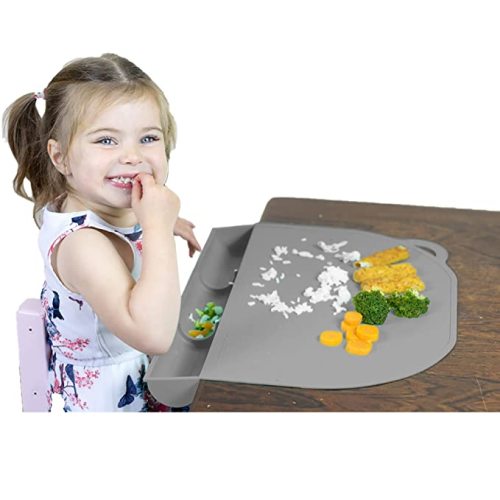 Food Catching Baby Placemat with Suction - UpwardBaby Gray Silicone Placemats for Kids Babies and Toddlers - Clean Mealtimes at Home Or for Restaurants
