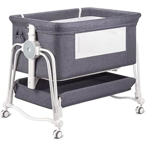4 In 1 Baby Bassinet Bedside Sleeper, Rocking Bassinet for Baby, Bedside Sleeper with Wheels, Storage, Mosquito Net and matress included, 7 Level Adjustable Bedside Bassinet for Newborn Baby(Gray)