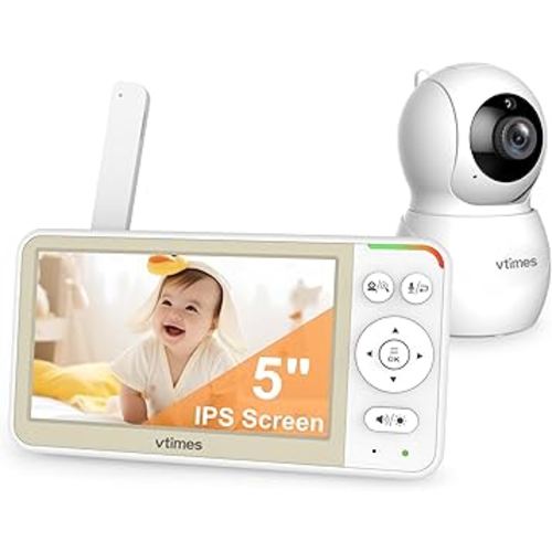 VTimes 5'' Screen Video Baby Monitor with Camera and Audio, 4000mAh Baby Monitor No WiFi Remote Pan-Tilt-Zoom VOX, Two-Way Talk, Infrared Night Vision, Temperature Display, Alarm 8 Lullabies 1000ft