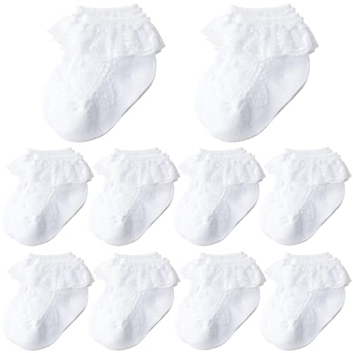 Baby Girl Lace Socks 10 Pack - Newborn Ruffle Frilly Socks Cotton Ankle Dress Sock for Infant Baptism 0-12 Months
