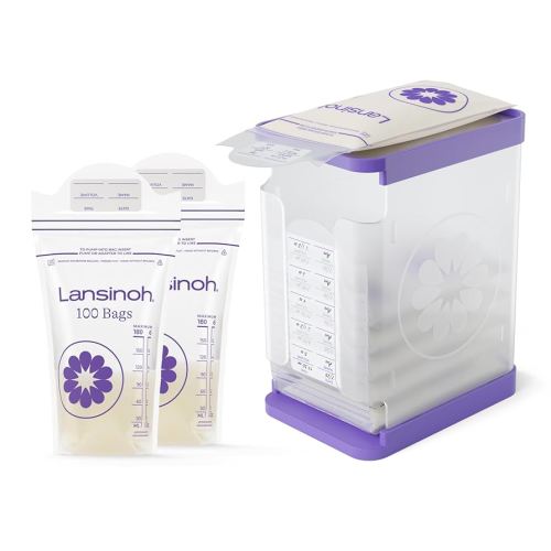 Lansinoh Breastmilk Freeze & Store Starter Pack – Breastmilk Storage Container with Quick-Freeze Tray, Stores 10 Bags + 100 Count 6 oz Breastmilk Storage Bags, Baby Feeding Essentials
