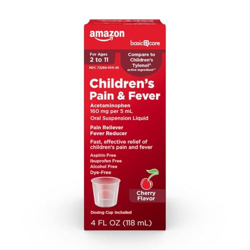 Amazon Basic Care Children's Pain Reliever & Fever Reducer, Acetaminophen 160 mg per 5 mL Oral Suspension Liquid, Dye-Free Cherry Flavor, 4 fl oz (Pack of 1)