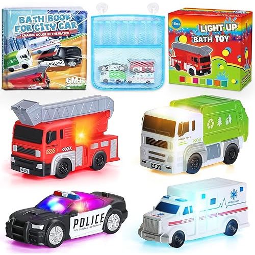 4 Floating Changing Color Light Up Bath Toy Car with Bath Book & Storage Bag, No Hole Realistic Car Bathtub Toys for Toddler Kid 18 Month +, Bathroom Tub Pool Beach Swimming Party, Birthday Gift