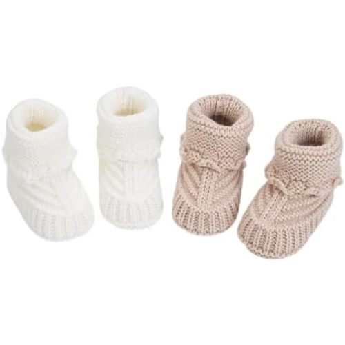 Baby Booties, Newborn Walking Shoes, Infant Hand Crochet Knit Cotton Sock Booties, Soft Cozy Socks Slippers, Indoor House Shoes for Baby, 2 Pairs
