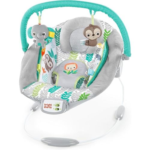 Bright Starts Comfy Baby Bouncer Soothing Vibrations Infant Seat - Taggies, Music, Removable Toy-Bar, 0-6 Months Up to 20 lbs (Jungle Vines)