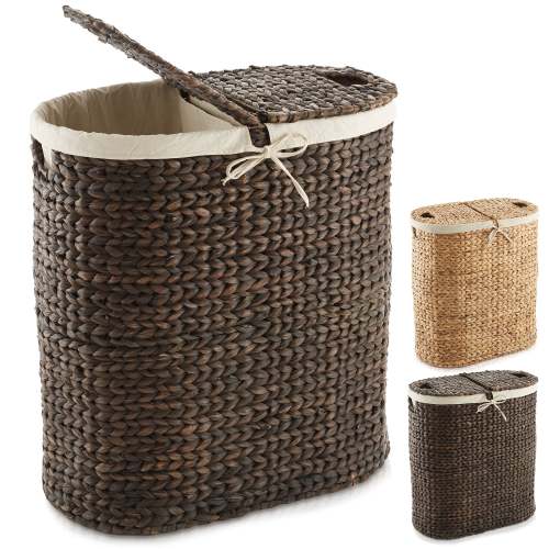 Oval 2-Section Laundry Hamper Basket with Lids and Removable Liner Bags