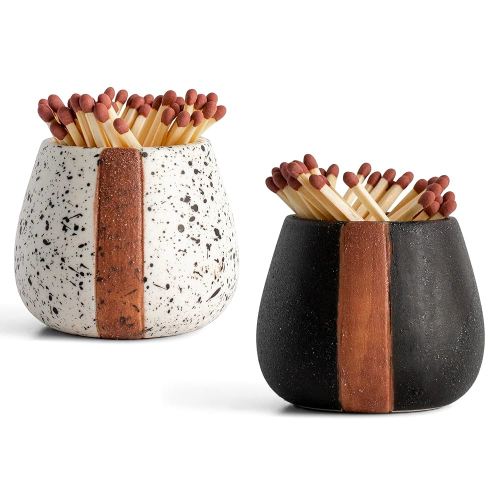 Ceramic Match Holders with Striker - Set of 2 - Decorative Modern Home Decor Gifts - Mantel Decorations - Matches NOT included