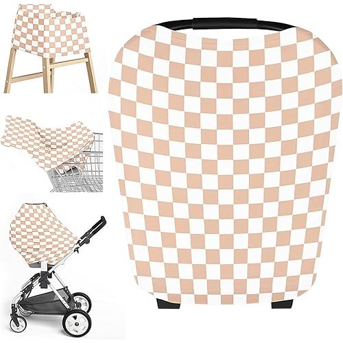 Little Jump Multi-use Baby Carseat Cover, Breathable Nursing Cover, High Stretchy Infant Carseat Canopy, Stroller Cover, Car Seat Covers for Bbies, Boys & Girls (Cream Checkered)