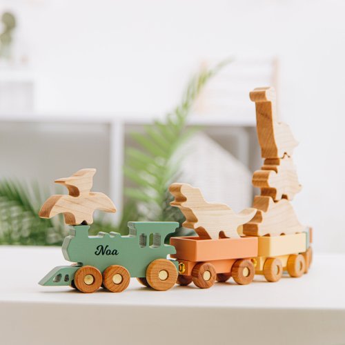 Personalized Train With Dinosaurs. Dinosaur Birthday Gift. Sensory Toys For Toddlers. Wooden Train With Name. Fidget Toys. Baby Boy Gifts.