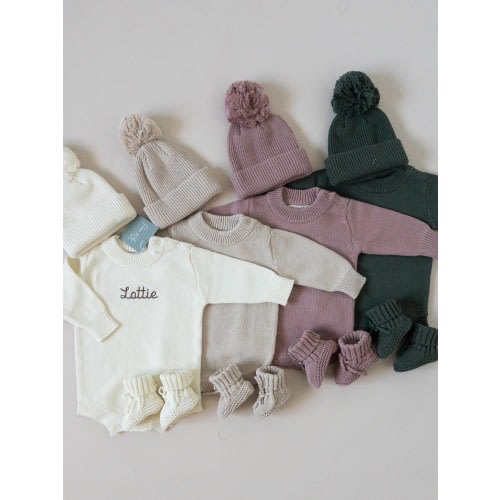 Knit baby romper embroidered birth baby announcement, oversized long sleeve, personalized embroidery, name reveal outfit, organic cotton