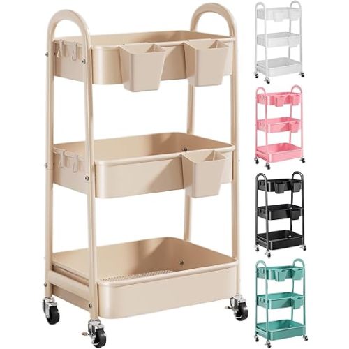 3 Tier Khaki Metal Utility Rolling Cart, Storage Cart with Handle and Lockable Wheels, Multifunctional Organizer Trolley with Mesh Storage Baskets for Kitchen, Office, Living Room, Laundry, Garage