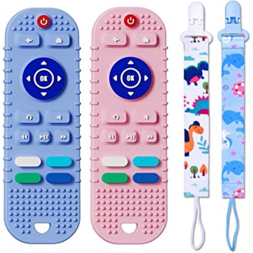 Mgtfbg 2 Pack Soft Silicone Teething Toys for Toddlers, Babies 6-12 Months - Boys Girls Baby Molar Teether Chew Toys Set Gift, Remote Control Shape(Pink+Blue)