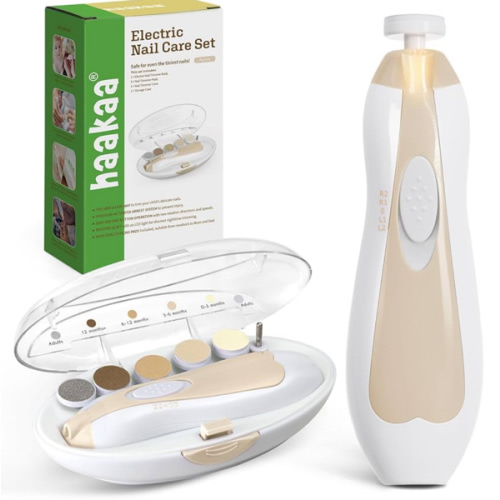 haakaa Baby Nail Care Electric Baby Nail File Kit with LED Light, Baby Nail Clippers for Newborn/Infants/Adults Toenails and Fingernails, 6 Replacement Heads & Storage Case, Acorn