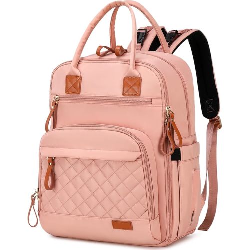 18 Pockets Diaper Bag Backpack with Waterproof Pockets and Stroller Buckles, Convertible Tote Bag (Nylon, Pink)