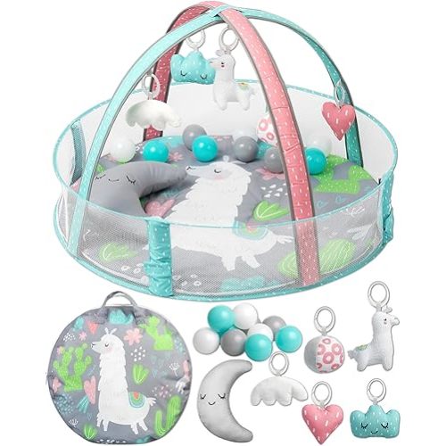 Baby Play Gym, Activity Mat | Baby Ball Pit Play Area with 5 Detachable Toys + Half Moon Pillow | Tummy Time Mat Promotes Motor Skills & Sensory Development [Llama Theme]