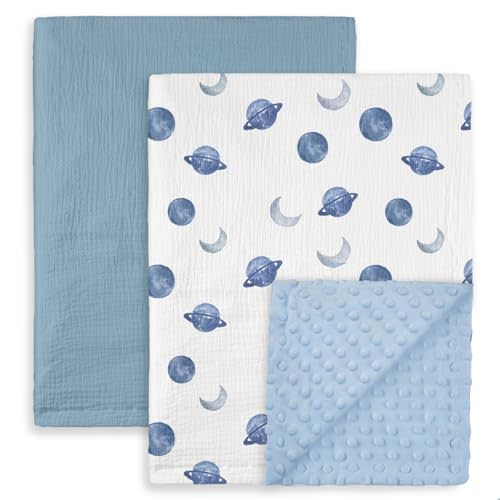 GLLQUEN BABY Blankets for Unisex Boys Girls, 2-Pack Muslin Cotton Front Soft and Breathable,and Dotted Fleece Backing, Printed Bed Nursery Minky Blankets for Toddler Newborn, 30 x40 inches