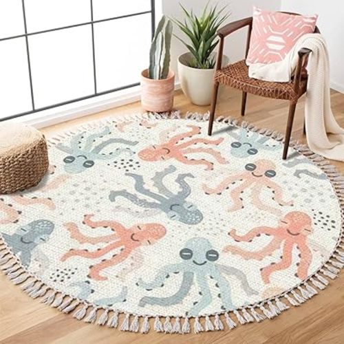 Round Boho Rug Lovely Laughing Octopus Seamless Pastel Colours sea Creatures Area Rug Linen Rug Carpet Patio Rug Hallway Runner Rug Mat Pad Minimalist Home Decor for Living Room Outdoor 3ft