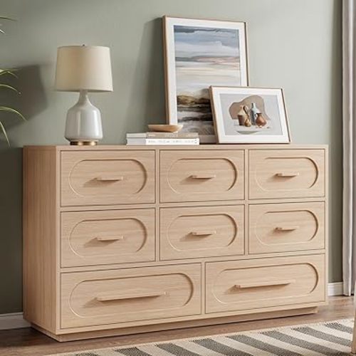 Modern 8 Drawer Dresser for Bedroom, 54" Wide Dressers & Chest of Drawers w/Solid Wood Handle, Wood Mid Century Closet Organizers and Storage Cabinet for Bedroom, Living Room, Hallway, Natural Oak