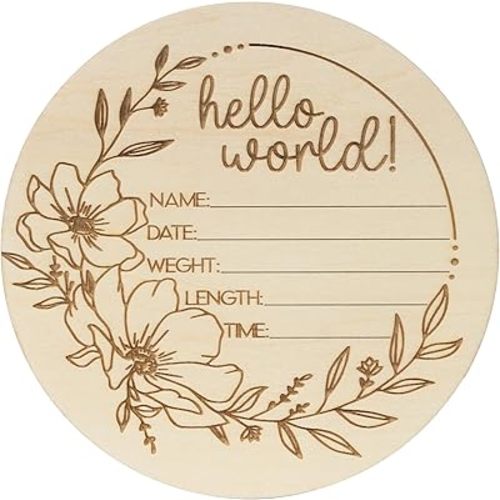 Hello World Wooden Birth Announcement Sign, 6.2 inch Round Nursery Photo Prop, Baby Name Weight Length Date Time Plaque (BB58)