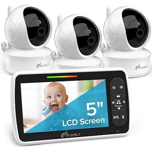 iFamily Baby Monitor with 3 Cameras and Audio- Large 5" Screen with 30Hrs Battery Life - Remote Pan-Tilt-Zoom,No WiFi, Two-Way Audio, Night Vision, Temperature, Lullabies, 960ft Long Range