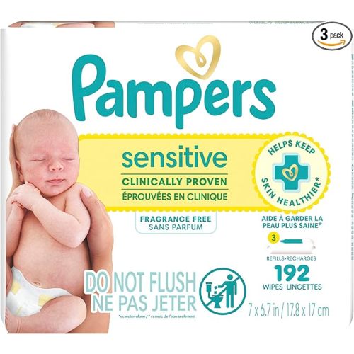 Pampers Sensitive Baby Wipes, Water Based Baby Wipes, Fragrance Free and Hypoallergenic, 192 Wipes Total (3X Refill Packs) [Packaging May Vary]