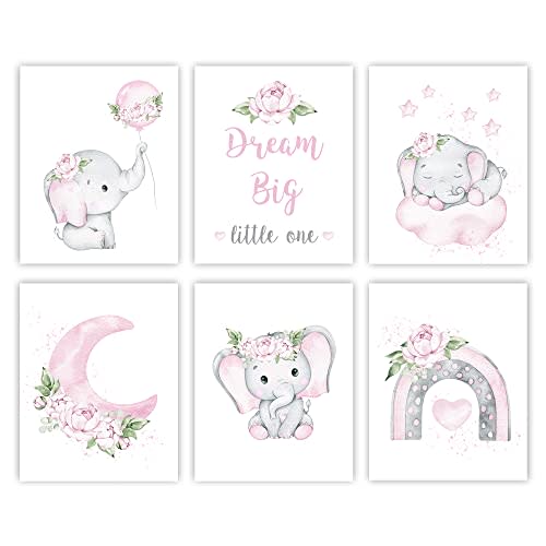 Canssape Pink Elephant Nursery Wall Decor Set of 6 Baby Girl Room Decor Elephant Wall Art Goodnight On Moon |Dream Big Little One Decoration for Kids Nursery Girls Room|(8"x10")(Unframed)