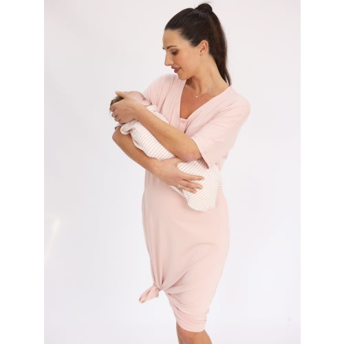 Mama Hospital Nightie, Long Length with Baby Pouch in Pink