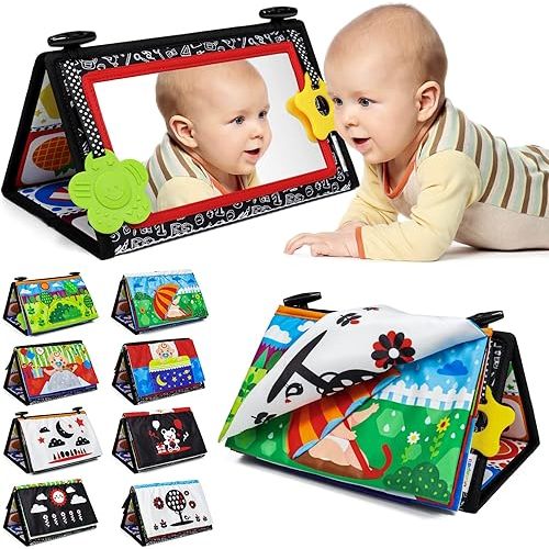 Dr.Rapeti Tummy Time Floor Mirror for Baby Infant Toddler Kids Black and White High Contrast Baby Toy with Crinkle Cloth Book Teethers Floor Activity Toy Washable Non-Toxic